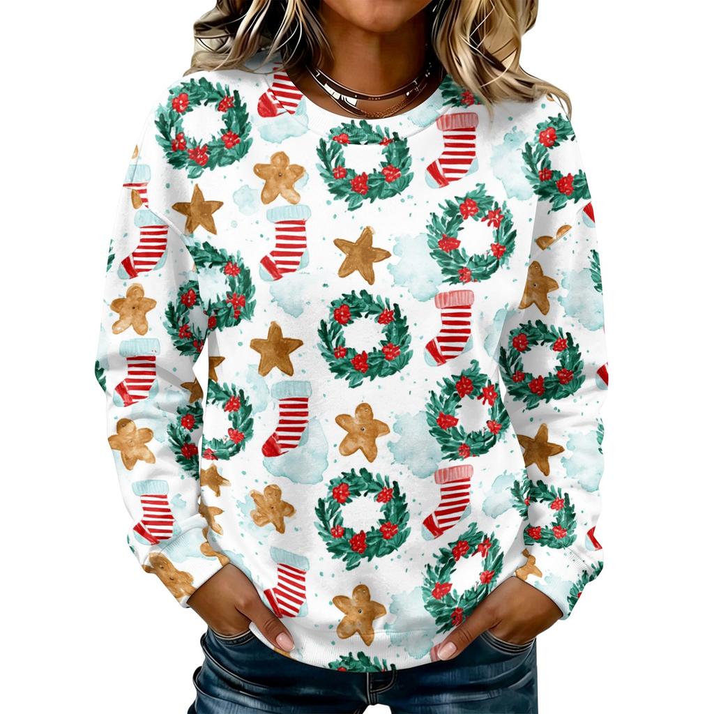 Women's Casual Long Sleeve Christmas Print Neck Pullover Sweatshirt Top