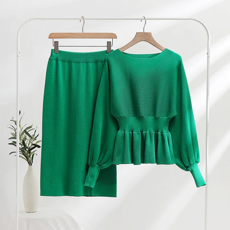 Fashion Suit Women's Retro Bag Hip Waist Slimming Knitted Dress Two-piece Set