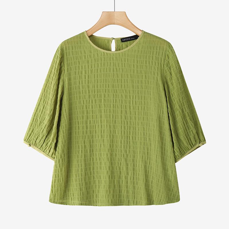 ZANZEA Women's Casual Textured O-neck 3/4 Sleeve Loose Blouse