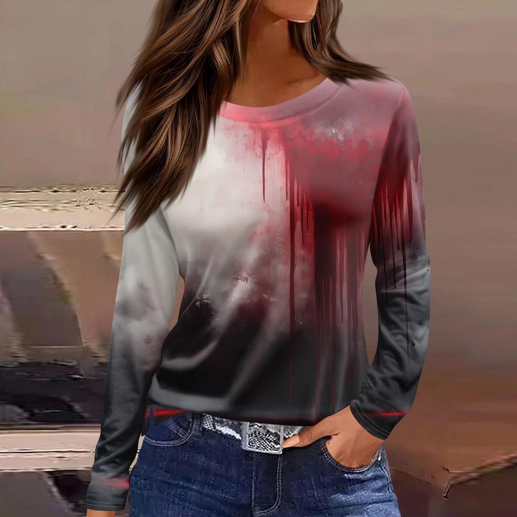 Women's Fashion Casual Slit Hem Round Neck Long Sleeve Loose Halloween Printed T-Shirt Ladies Top