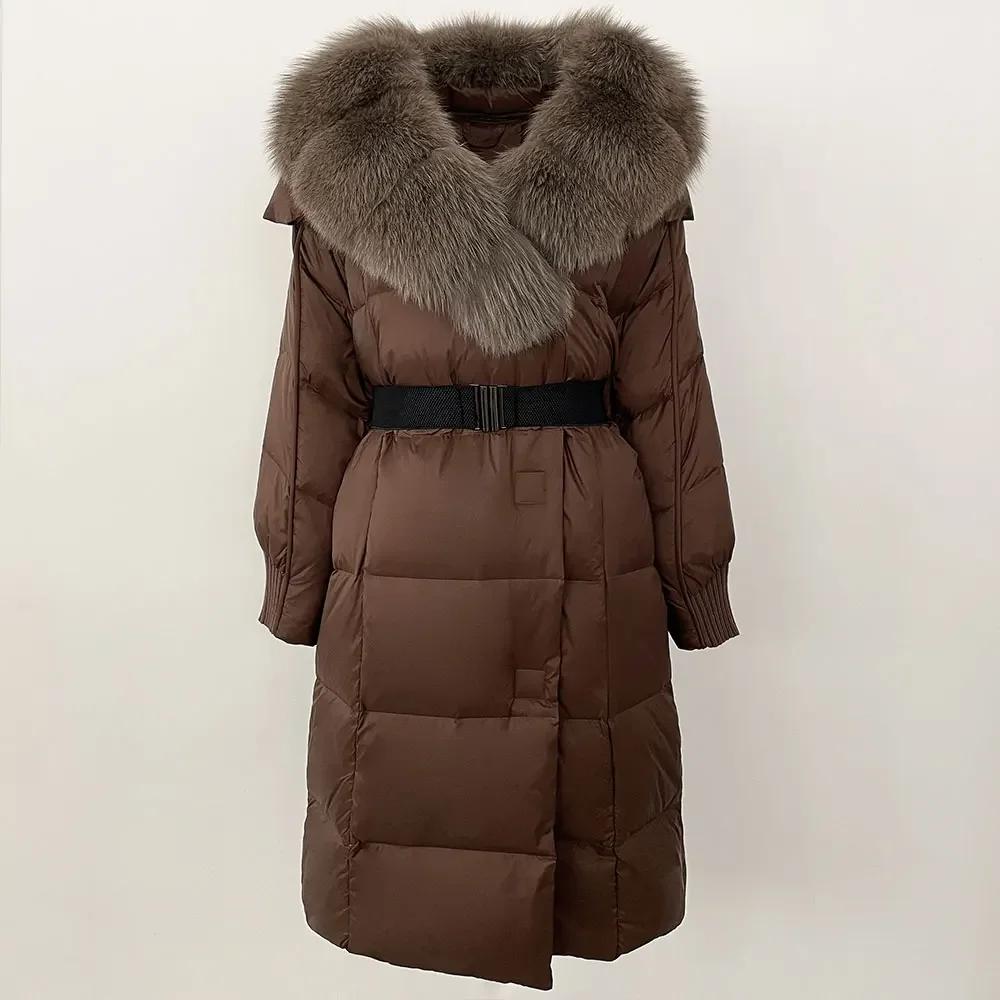 OFTBUY Winter Jacket Women Long Natural Real Raccoon Fox Fur Collar White Duck Down Coat Belt Thick Warm Casual Outerwear