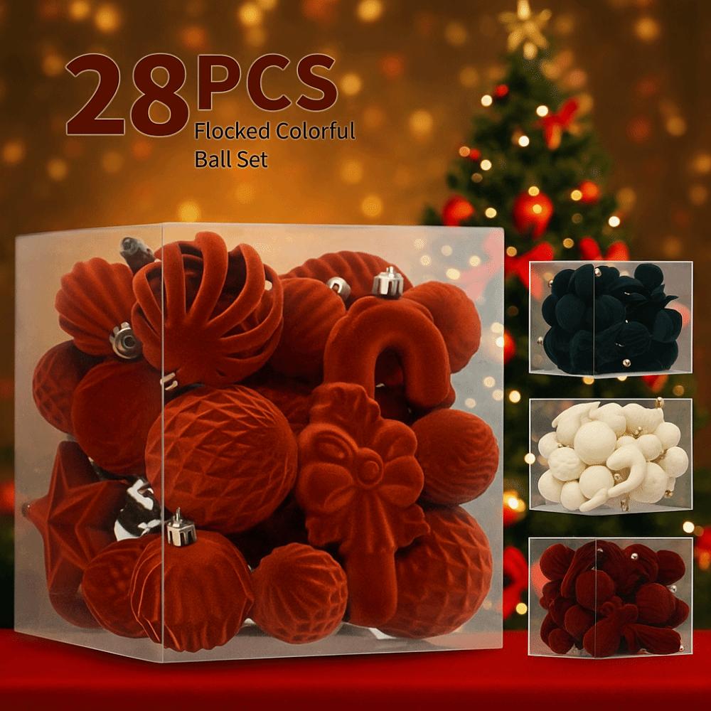 28Pcs Special-shaped Flocked Christmas Balls Hollow Out Reusable Christmas Hanging Balls Shatterproof Colorful