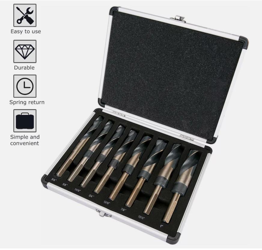 8-teiliges Set Kleinschaft-Bohrer HSS Gleichschaft-Bohrer Set Große Größen 9/16 Zoll bis 1 Zoll Bohrer in Aluminiumbox