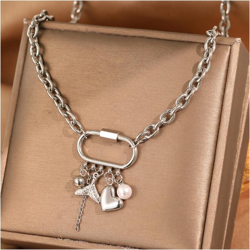 Vintage Multi Accent Pendant Necklace Adjustable Stainless Steel Chain Lightweight Versatile Jewelry For Women