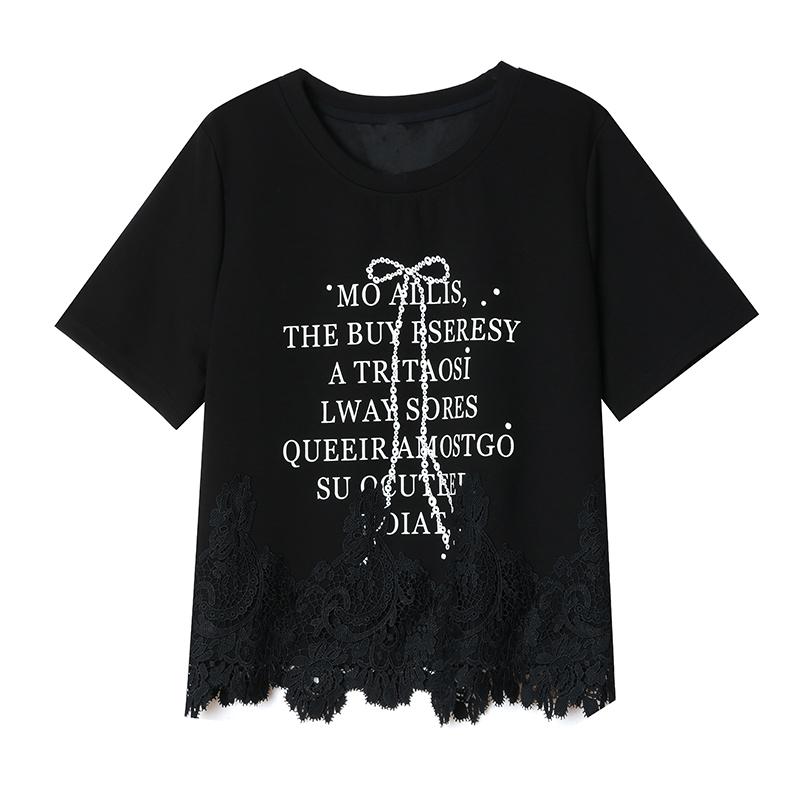 DIMANAF 2025 Neues Sommer Übergröße T-Shirt Mode Damen O-Ausschnitt Kurzarm Einfarbig Locker Schwarz Spitze Tops T-Shirts