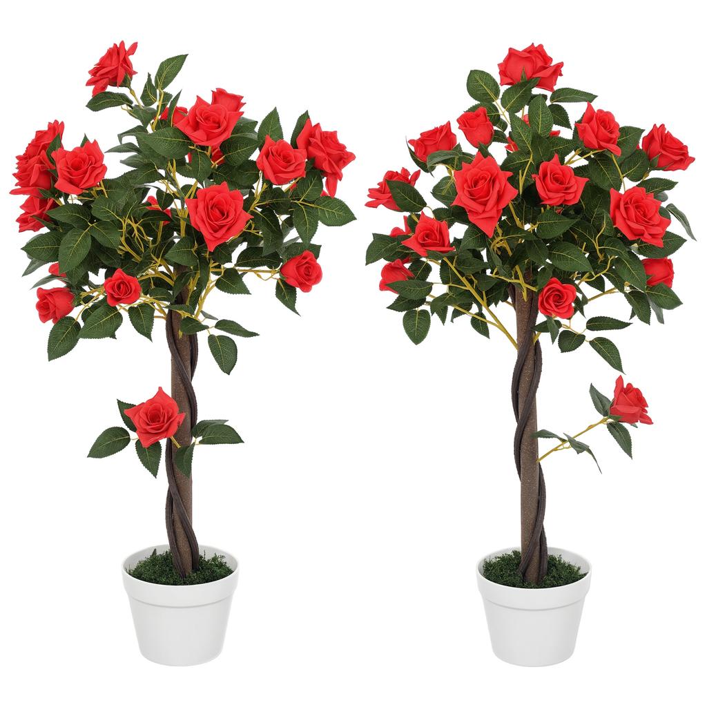 Set of 2 Artificial Plants White Rose Floral In Pot, Fake Plants for Home Indoor Decor, 90cm, Red