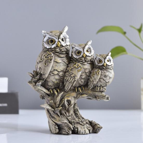 Owl Family Resin Figurines, Rustic Tree Branch Animal Statues, American Country Home Decor for Living Room TV Stand Bookshelf Bedroom, Unique
