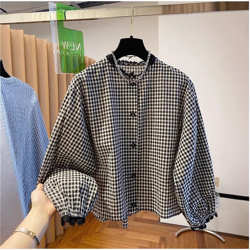 Women's Long Sleeve Korean Plaid Shirt with Lace Ruffles - Black & White, Spring 2026