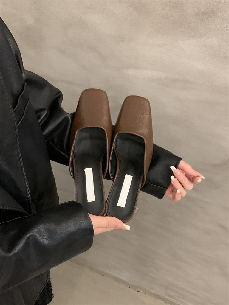 Temperament high-heeled bag head half slippers outer wear women's shoes spring and summer thick heels are not tired feet shallow single shoes