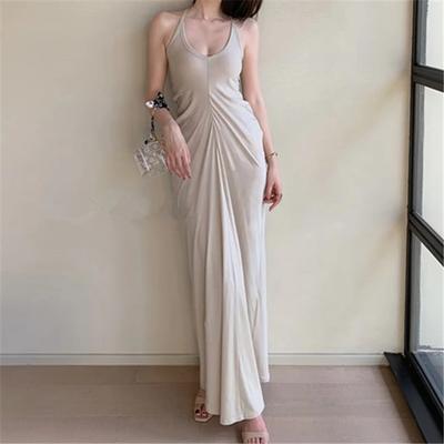 New Sexy Pleated Waist Cinched Vest Dress, European And American Style Women'S Clothing, Solid Color Vest Long Skirt, Hip Hugging Skirt
