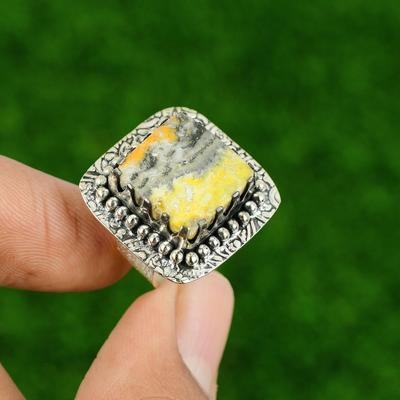 925 Sterling Silver Natural Bumble Bee Jasper Boho Stackable Statement Ring US 7