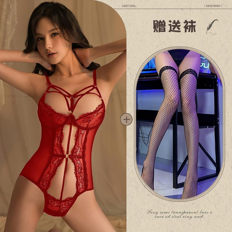 Night listening incense lingerie sexy lace temptation steel ring gathering onesie women's hot hollow open uniform