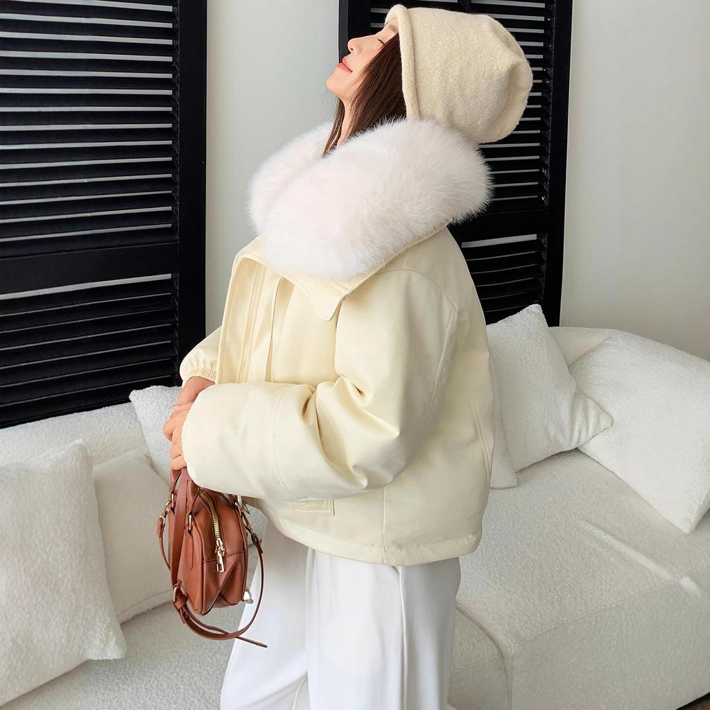 Deerskin down big fur collar padded jacket women's short loose pu cotton jacket down cotton jacket down cotton thickened