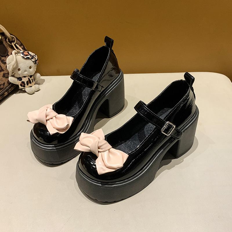 Mary Jane Small Leather Shoes, Sweet and Cool Bow High Heels, Women's Spring and Autumn 2025 Explosion, One-word Buckle Jk Cute Single Shoes