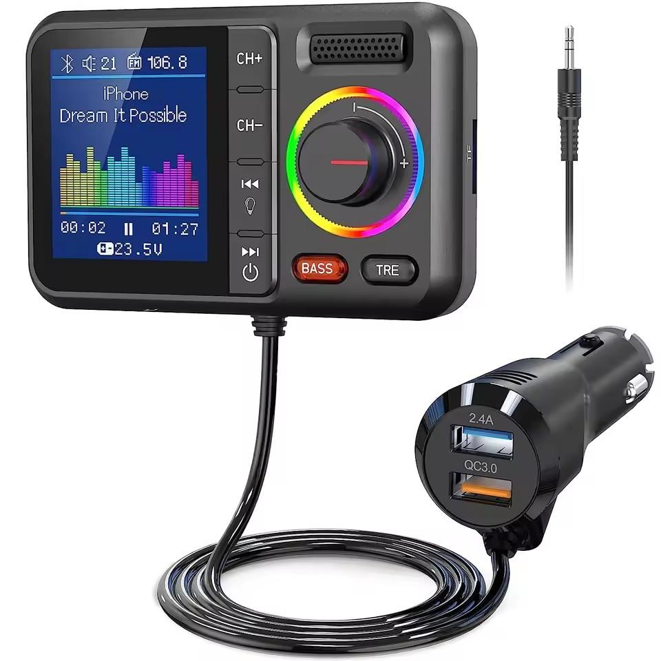 Multifunctional Wireless FM Transmitter with Big Color Screen 2.4A QC3.0 Dual USB Fast Charging Car AUX Adapter MP3 Music Player
