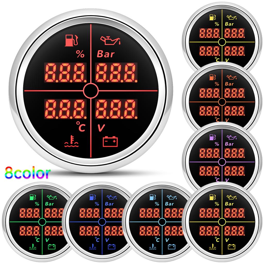 8 Colors Backlight Digital 52mm Car 4 In 1 Multifunction Gauge with Fuel Level Oil Pressure Water Temp Voltmeter Temp Sensor
