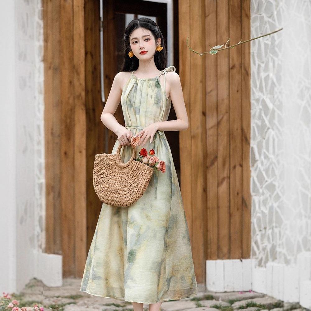 Sanya seaside skirt French loose temperament dress ink smudge printing suspenders holiday wind beach skirt summer