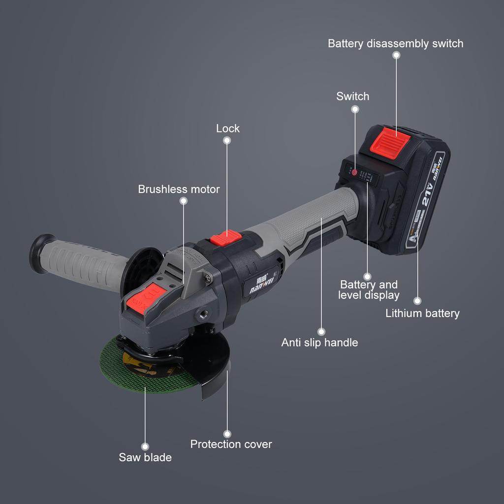 Cordless Angle Grinder 3 Speed Adjustment Electric Grinder Power Display Brushless Motor 21V 4000mah Battery for Cutting Polishing Grinding Metal and