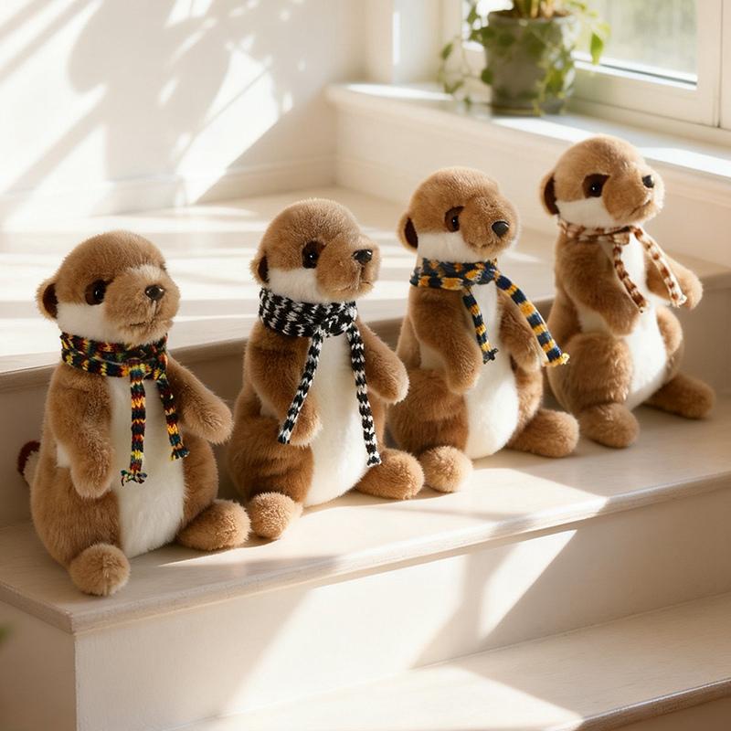 Cute Scarf Meerkat Plush Toy Soft Standing Suricate Stuffed Animal Doll Adult Birthday Gift Home Desktop Decor Plushies