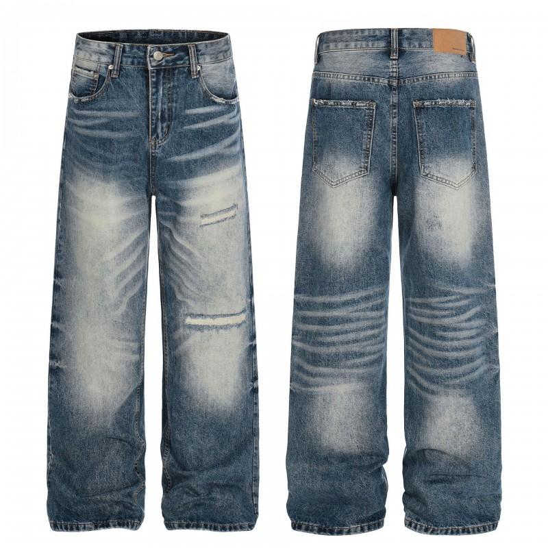 Unisex Distressed Washed Denim Jeans Loose Fit Straight Leg Wide Tube Pants Men Women Youth Casual Streetwear