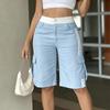 Women's Fashionable Color Blocked Elastic Waist Button Zipper Pocket High Waist Casual Five Quarter Shorts