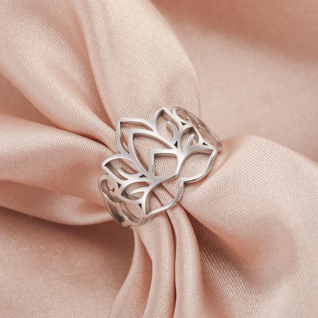 LIKGREAT Lotus Flower Ring Minimalist Lotus Rings Stainless Steel Jewelry Buddhism  Spiritual  Protection Amulet For Women Gift