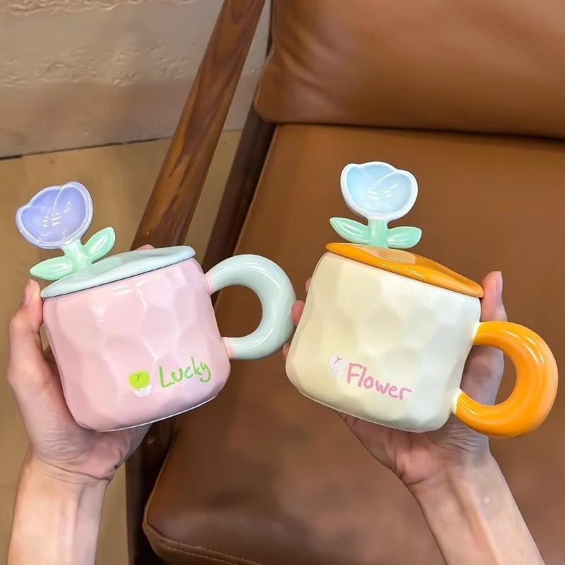 450ML Hand-Painted Flower Tea Cup Ceramic Mug Home Office Drinkware Cup Tea Coffee Milk Juice Water Bottle Creative Gift for Her