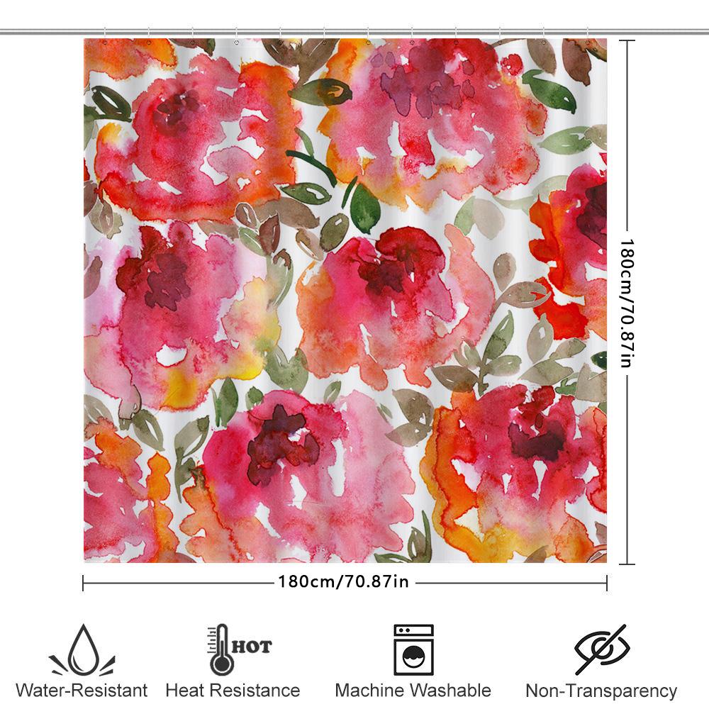 Watercolor Floral Shower Curtain Pink Red Orange White Leaves Design for Bathroom Decor Modern Home Decoration 69x72 inches (175