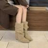 Women's Boots Pointed Toe Mid Calf Boots New Designer Winter Suede Flats Slip On Women Chelsea Boots Pleated Western Cowboy Boot