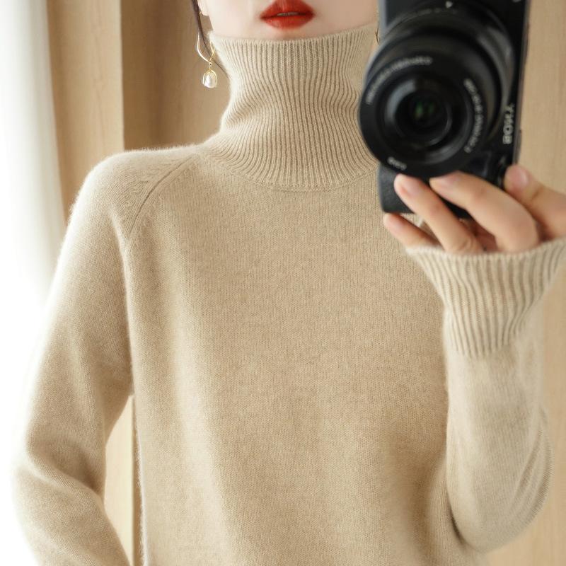 Dames Høst Vinter Koreansk Stil Løs Høy Hals Ensfarget Raglanermer Kort Pullover Strikket Baseplagg