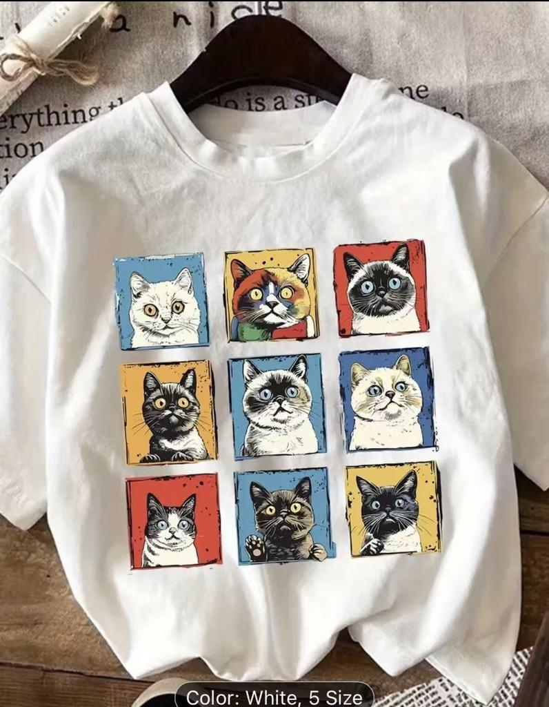 Randig kattansiktst-shirt - Rundhalsad, Kortärmad, Avslappnad topp i 9 färger