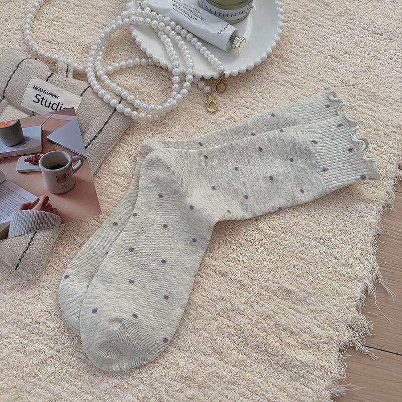Thin Lace Socks - Children's Mid-length Socks with Wooden Ear Cuffs, Versatile with Bold Patterns, Long and Piled-up High Socks