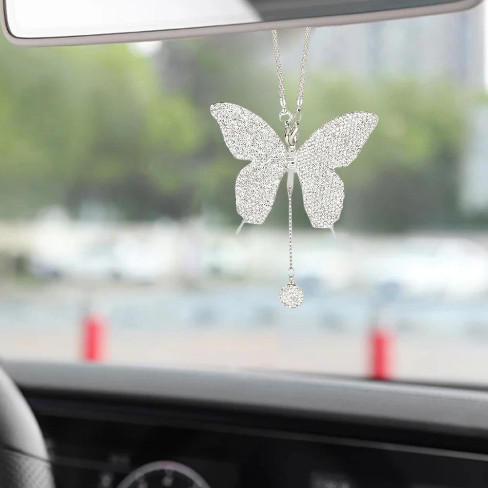 Crystal Butterfly Lucky Hanging Car Interior Pendant Rear View Mirror Charms for Women Ornamental Accessory for Vehicle Interior