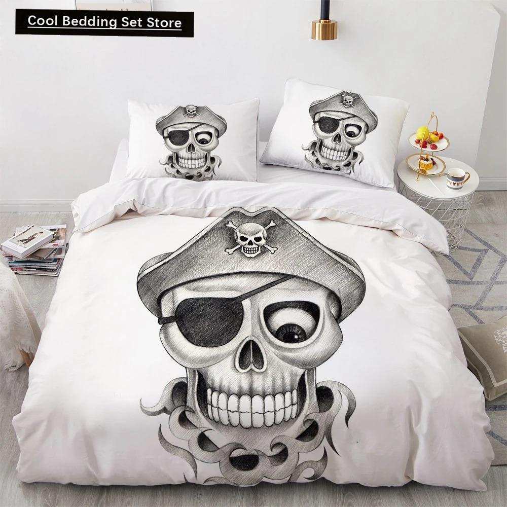 Skull Couple King Queen Duvet Cover Skeleton Bride Bedding Set Halloween White 23pcs Soft Quilt Cover for Kids Teens Adults