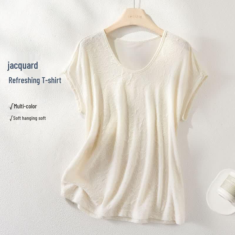 IHIMI Women s Textured Jacquard U-Neck Raglan Sleeve T-Shirt S