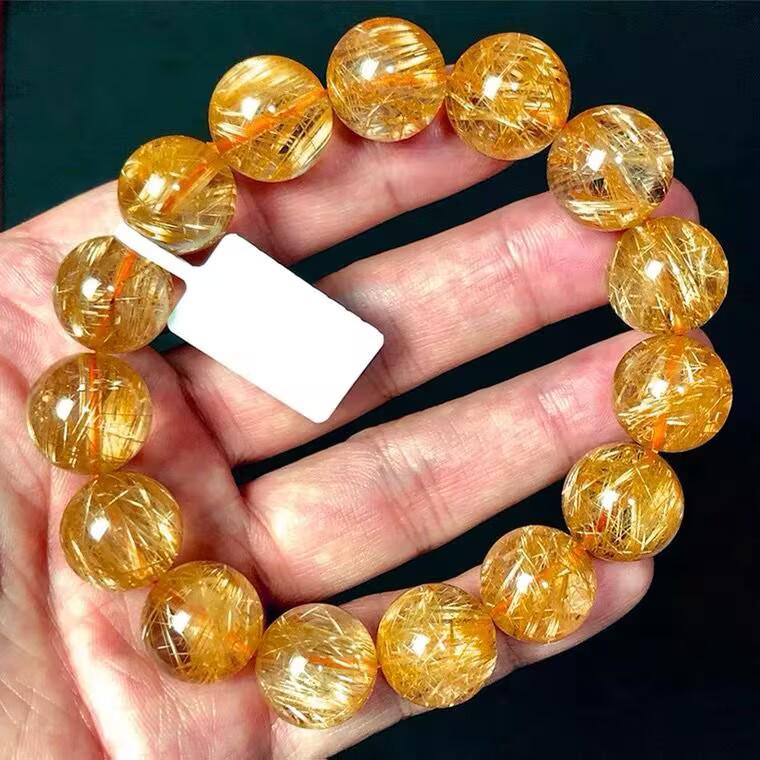 Pulsera de Cuarzo Rutilado Dorado Natural para Parejas - Cuentas que Cambian la Suerte en Citrino Amarillo para Hombres y Mujeres