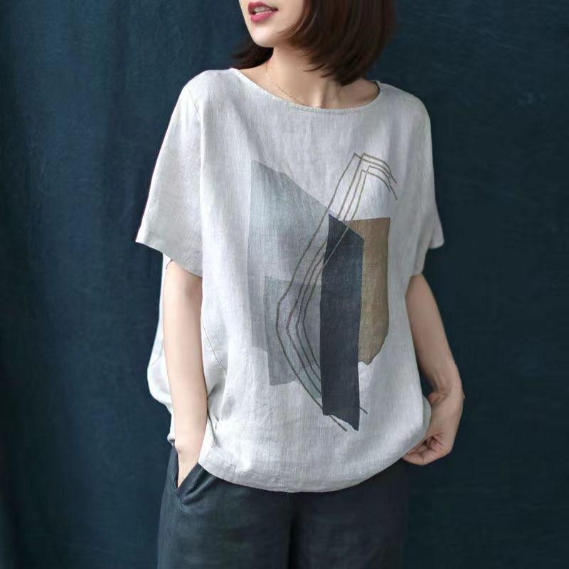 Dames Retro Casual Løse Bomull Lin T-skjorter Stor Størrelse Trykte Topper Sommer Rund Hals Korte Ermer T-skjorte