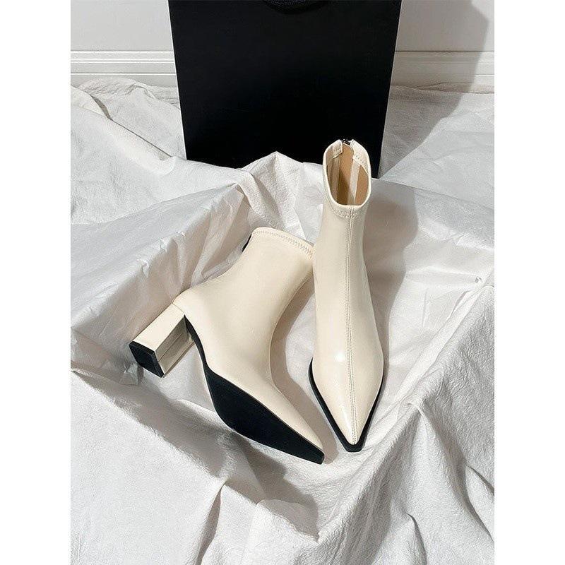 Brown pointed thin boots new versatile French velvet elastic high-heeled short boots thick-heeled ankle boots