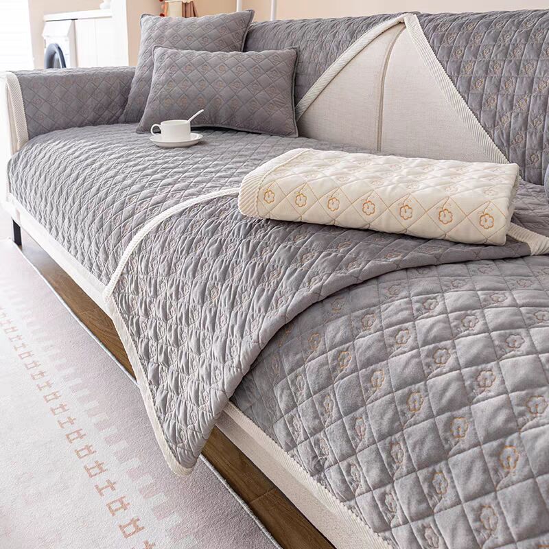 Plush Sofa Cushion Seat Slipcover Cream Style Embroidered Flower Sofa Cover Adjustable Headrest Backrest Towel