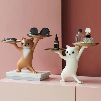 1 Set Desktop Storage Tray Creative Double Tray Resin Candy Storage Plate Cat Figurine Ornament Home Supplies