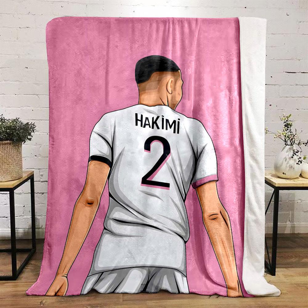 White jersey with "Hakimi" and number 2, set against a pink background. for all seasons blanket lunch break throw gift