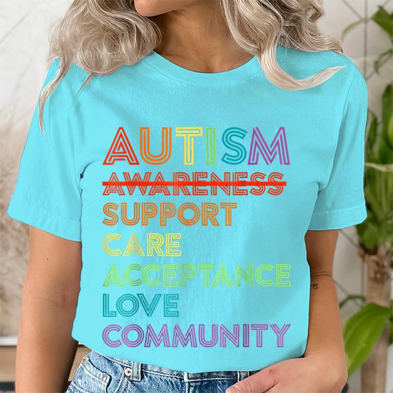 Autism Acceptance and The Neurodiversity Graphic Print Tshirt Short Sleeve ONeck Casual Top for Summer Spring Womens Clothing