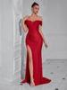 European and American Asymmetrical Neckline Slimming Dress with Slit - Elegant Ribbon Long Party Evening Wear