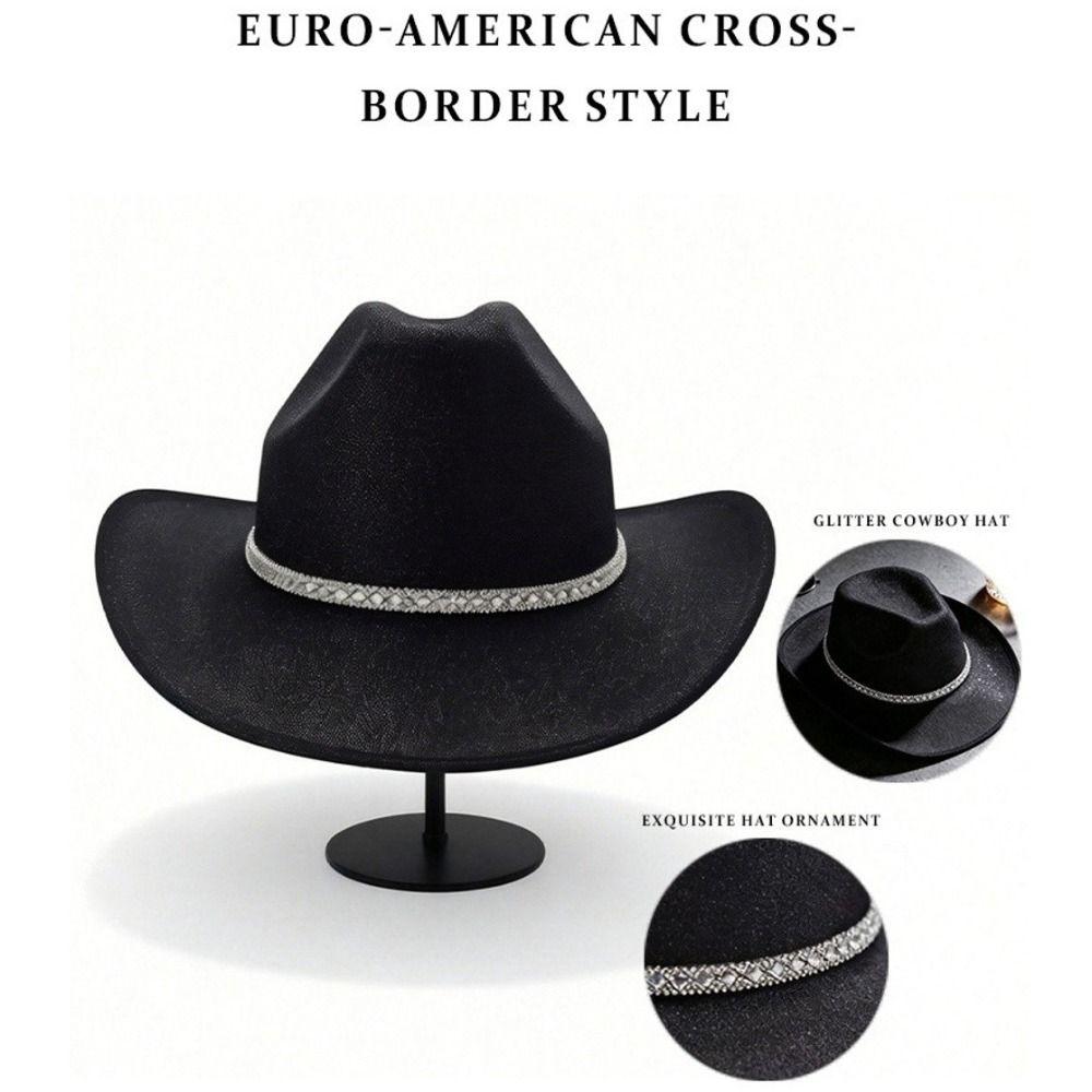 Rhinestone Band Glitter Cowboy Hat Wide Curved Brim Western Cowboy Hat Festival Accessory