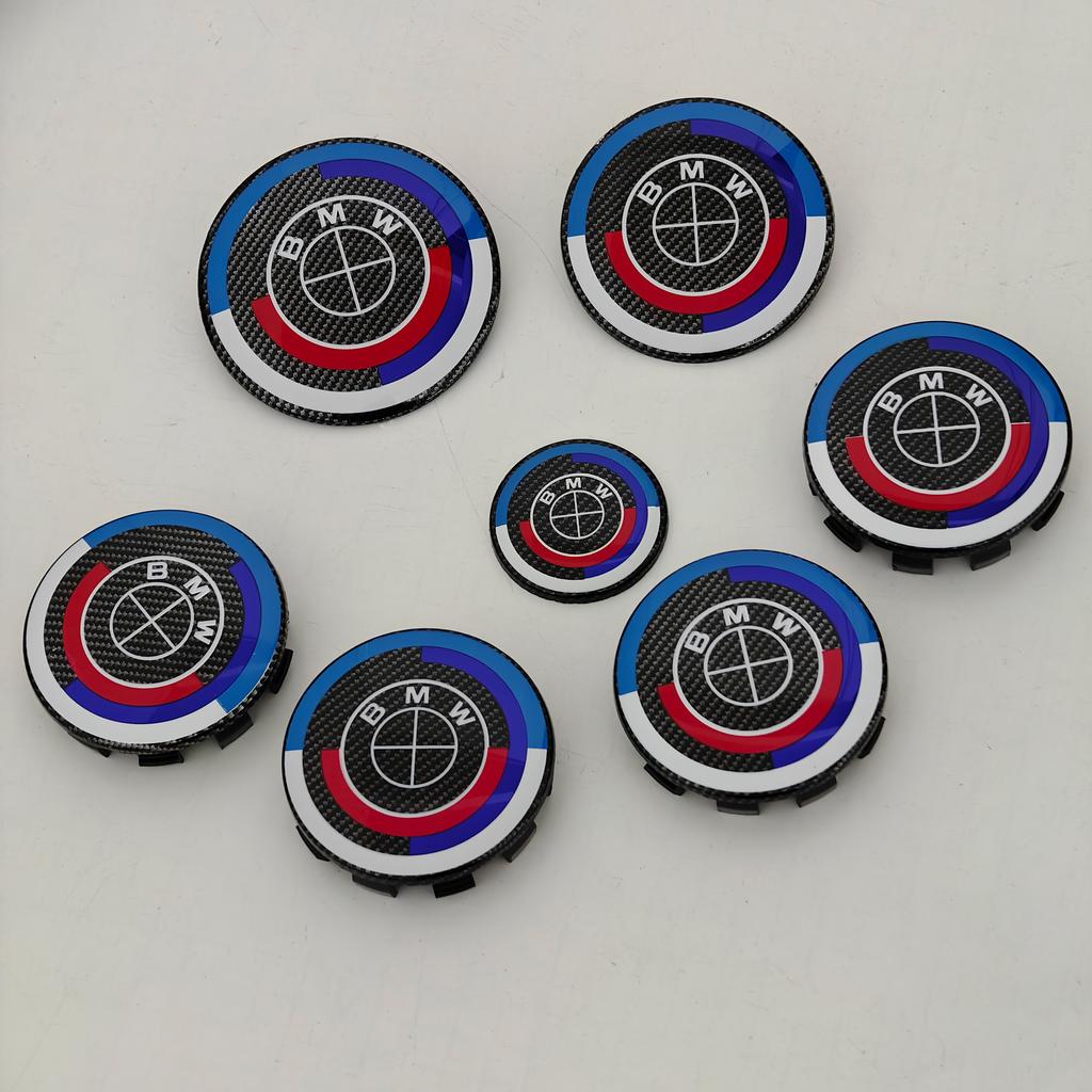 MLKQ6 Carbon Fiber Black Logo Front Hood Emblem 82mm+Rear Badge 74mm+Wheel Hub Cap 68mm/56mm+steering Wheel Sticker 45mm for All BMW