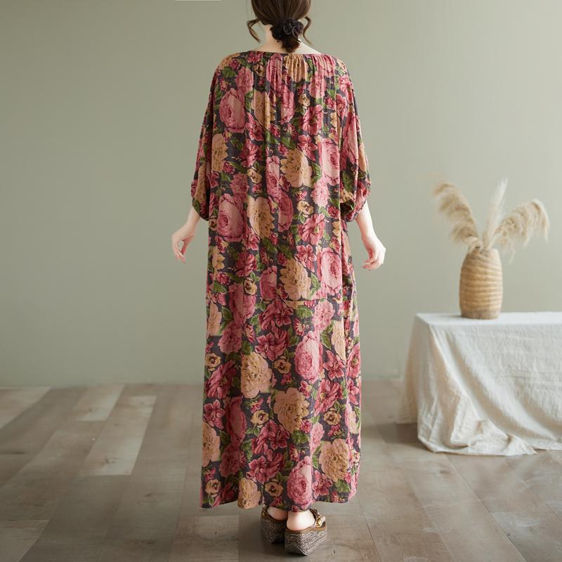 Dimanaf 2025 Summer Plus Size Dress Women Casual Vintage Floral Dress Basic Printing Long Beach Elegant Loose Dress