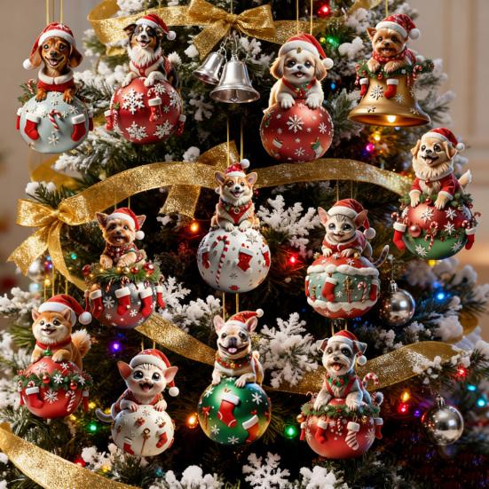 12 Pcs Wooden Christmas Ornaments Cartoon Cat/Dog On The Ball Christmas Hanging Decorations for Xmas Tree Car Window Decor