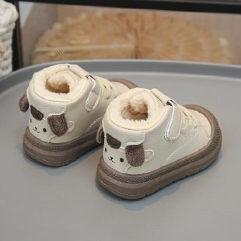 Kids Winter Warm Fleece-Lined Ankle Boots Soft Rubber Sole Non-Slip Cartoon Dog Design Boys Girls