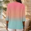 Women Casual Gradient Print V Neck Button Three Quarter Sleeve T Shirt Linen Cotton Blended Top for Daily Wear