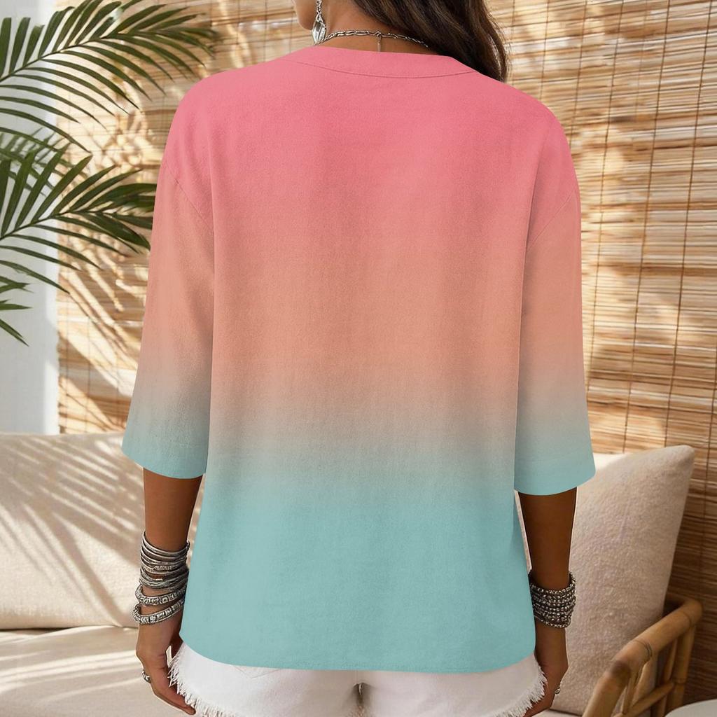 Women Casual Gradient Print V Neck Button Three Quarter Sleeve T Shirt Linen Cotton Blended Top for Daily Wear